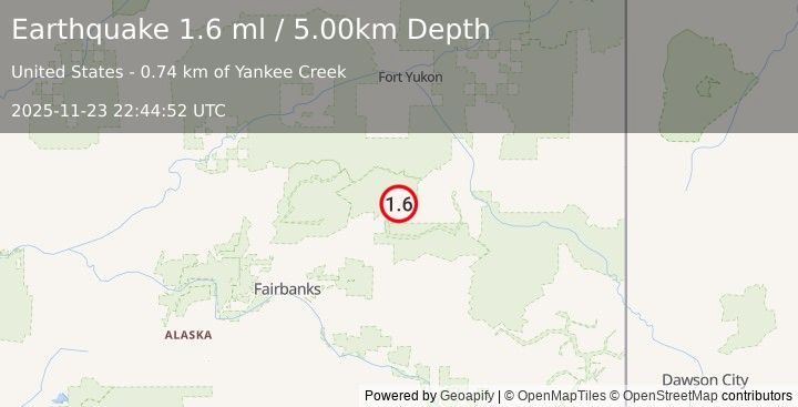 Earthquake 32 km W of Central, Alaska (1.6 ml) (2025-11-23 22:44:52 UTC)