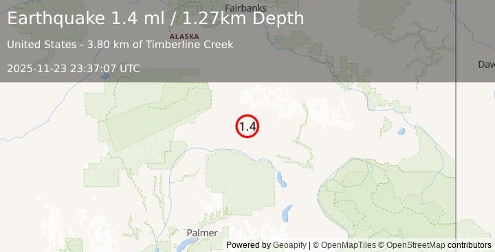 Earthquake 68 km ESE of Cantwell, Alaska (1.4 ml) (2025-11-23 23:37:07 UTC)