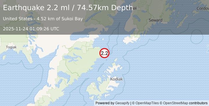 Earthquake 88 km NNW of Aleneva, Alaska (2.2 ml) (2025-11-24 01:09:26 UTC)