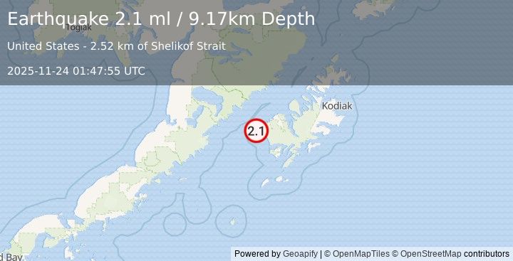 Earthquake 33 km SW of Karluk, Alaska (2.1 ml) (2025-11-24 01:47:55 UTC)