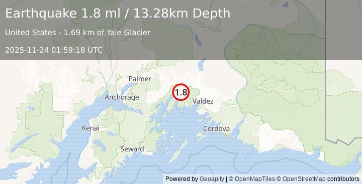 Earthquake 55 km WNW of Valdez, Alaska (1.8 ml) (2025-11-24 01:59:18 UTC)
