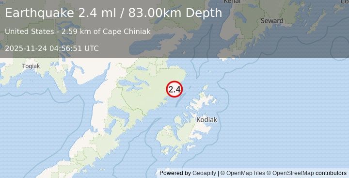 Earthquake 75 km NW of Aleneva, Alaska (2.4 ml) (2025-11-24 04:56:51 UTC)
