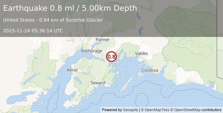 Earthquake 29 km NNE of Whittier, Alaska (0.8 ml) (2025-11-24 05:36:14 UTC)