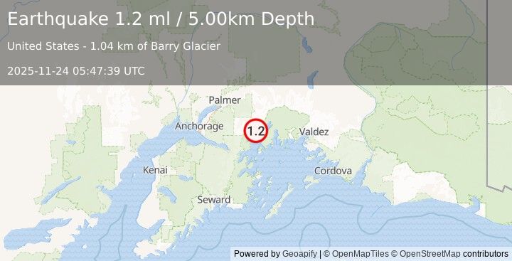 Earthquake 50 km NE of Whittier, Alaska (1.2 ml) (2025-11-24 05:47:39 UTC)