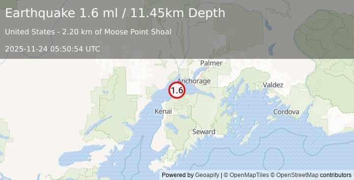 Earthquake 10 km NNE of Point Possession, Alaska (1.6 ml) (2025-11-24 05:50:54 UTC)