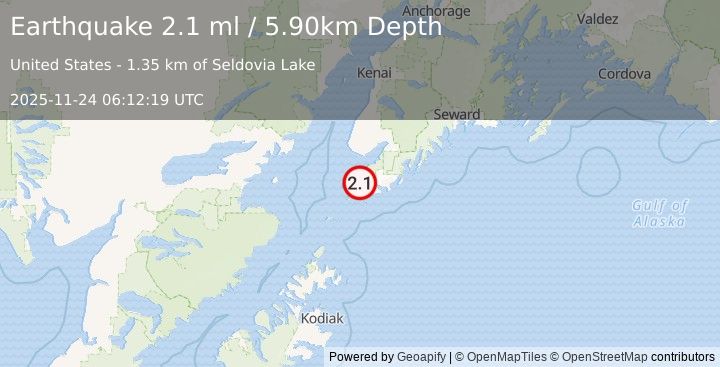 Earthquake 14 km SE of Seldovia, Alaska (2.1 ml) (2025-11-24 06:12:19 UTC)