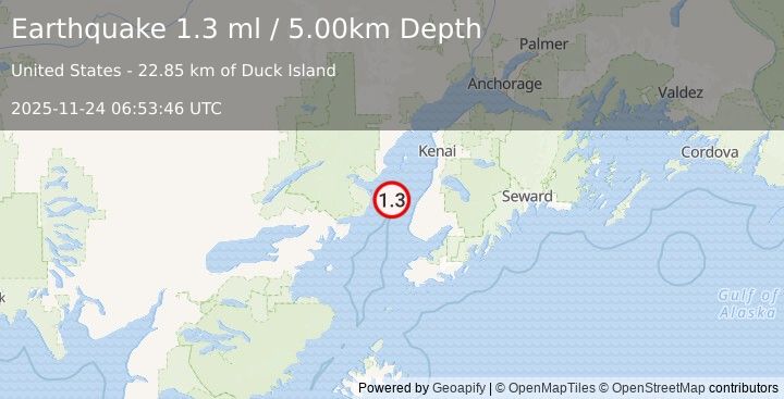 Earthquake 27 km WNW of Happy Valley, Alaska (1.3 ml) (2025-11-24 06:53:46 UTC)