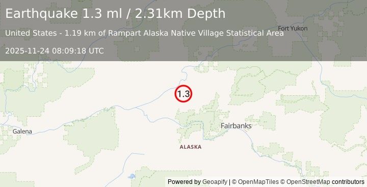 Earthquake 12 km SE of Rampart, Alaska (1.3 ml) (2025-11-24 08:09:18 UTC)