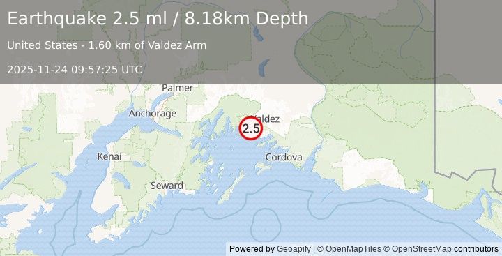 Earthquake 15 km NNW of Tatitlek, Alaska (2.5 ml) (2025-11-24 09:57:25 UTC)