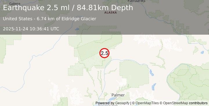 Earthquake 68 km WSW of Cantwell, Alaska (2.5 ml) (2025-11-24 10:36:41 UTC)