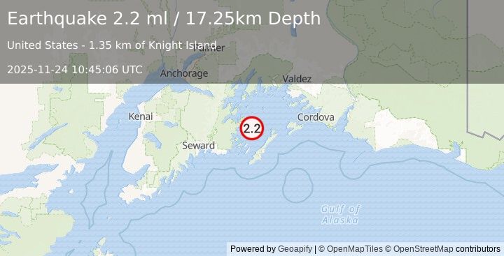 Earthquake 36 km NNE of Chenega, Alaska (2.2 ml) (2025-11-24 10:45:06 UTC)