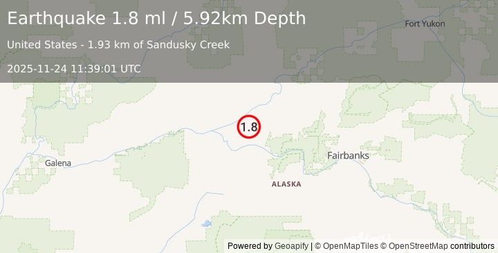 Earthquake 27 km NNW of Manley Hot Springs, Alaska (1.8 ml) (2025-11-24 11:39:01 UTC)