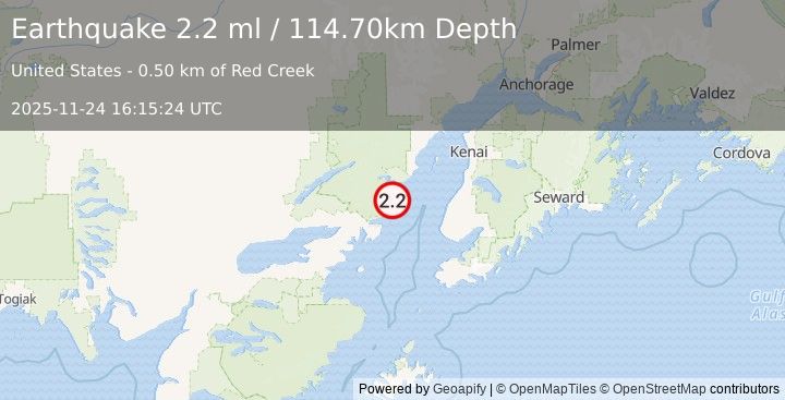 Earthquake 60 km WNW of Happy Valley, Alaska (2.2 ml) (2025-11-24 16:15:24 UTC)