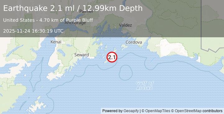 Earthquake 40 km E of Chenega, Alaska (2.1 ml) (2025-11-24 16:30:19 UTC)