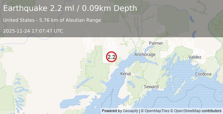 Earthquake 61 km W of Tyonek, Alaska (2.2 ml) (2025-11-24 17:07:47 UTC)