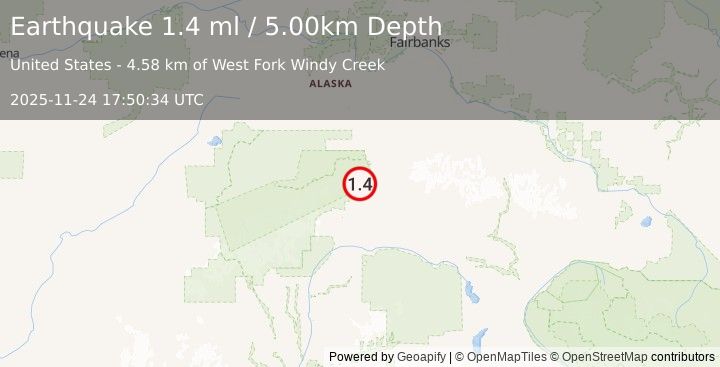 Earthquake 10 km NNW of Cantwell, Alaska (1.4 ml) (2025-11-24 17:50:34 UTC)