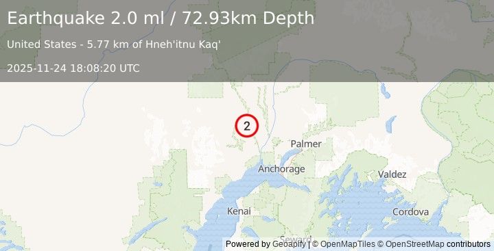 Earthquake 24 km ESE of Skwentna, Alaska (2.0 ml) (2025-11-24 18:08:20 UTC)