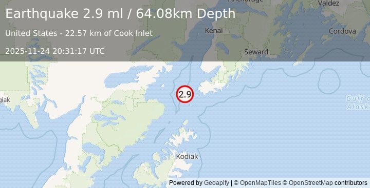 Earthquake 37 km WSW of Nanwalek, Alaska (2.9 ml) (2025-11-24 20:31:17 UTC)