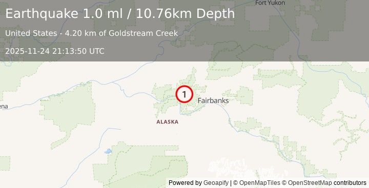 Earthquake 29 km SE of Minto, Alaska (1.0 ml) (2025-11-24 21:13:50 UTC)