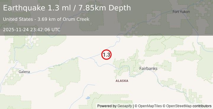 Earthquake 31 km NNW of Manley Hot Springs, Alaska (1.3 ml) (2025-11-24 23:42:06 UTC)