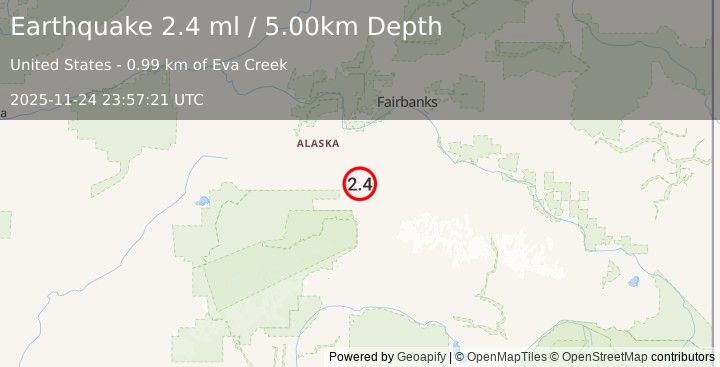 Earthquake 18 km ENE of Ferry, Alaska (2.4 ml) (2025-11-24 23:57:21 UTC)