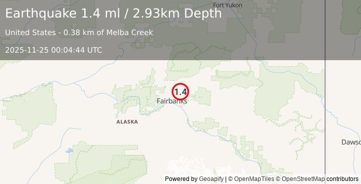 Earthquake 14 km ENE of Fox, Alaska (1.4 ml) (2025-11-25 00:04:44 UTC)