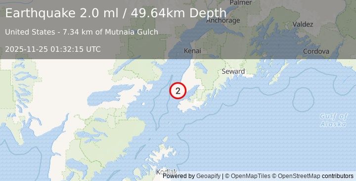 Earthquake 12 km SSW of Anchor Point, Alaska (2.0 ml) (2025-11-25 01:32:15 UTC)
