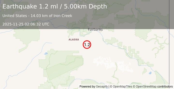 Earthquake 34 km E of Clear, Alaska (1.2 ml) (2025-11-25 02:06:32 UTC)