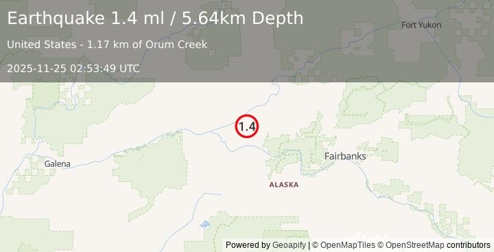 Earthquake 28 km NNW of Manley Hot Springs, Alaska (1.4 ml) (2025-11-25 02:53:49 UTC)