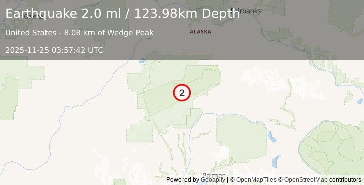 Earthquake 68 km ESE of Denali National Park, Alaska (2.0 ml) (2025-11-25 03:57:42 UTC)