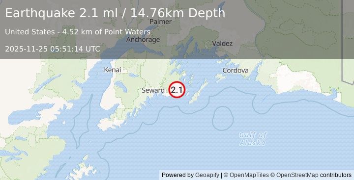 Earthquake 20 km W of Chenega, Alaska (2.1 ml) (2025-11-25 05:51:14 UTC)