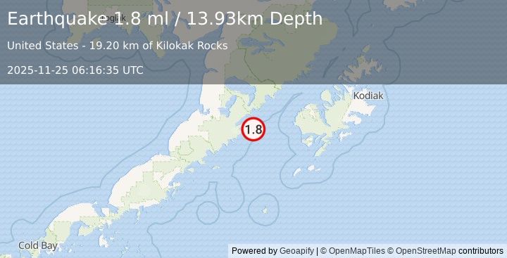 Earthquake 90 km ESE of Ugashik, Alaska (1.8 ml) (2025-11-25 06:16:35 UTC)