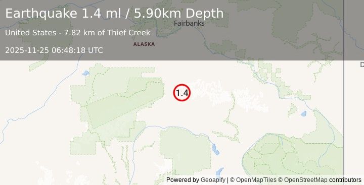Earthquake 48 km ENE of Cantwell, Alaska (1.4 ml) (2025-11-25 06:48:18 UTC)