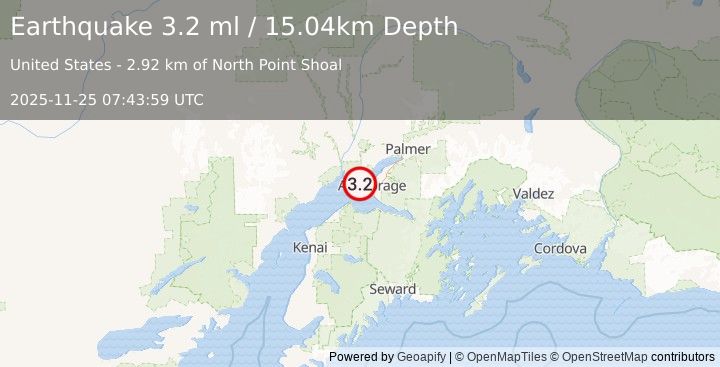 Earthquake 15 km WNW of Anchorage, Alaska (3.0 ml) (2025-11-25 07:44:00 UTC)