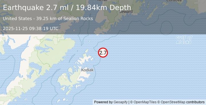 Earthquake 99 km NE of Ouzinkie, Alaska (2.7 ml) (2025-11-25 09:38:19 UTC)