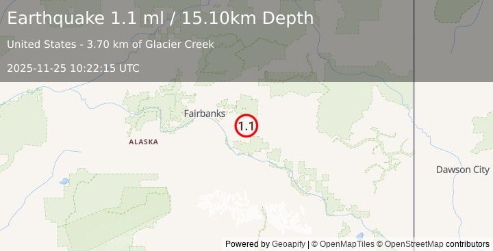 Earthquake 30 km ENE of Salcha, Alaska (1.1 ml) (2025-11-25 10:22:15 UTC)