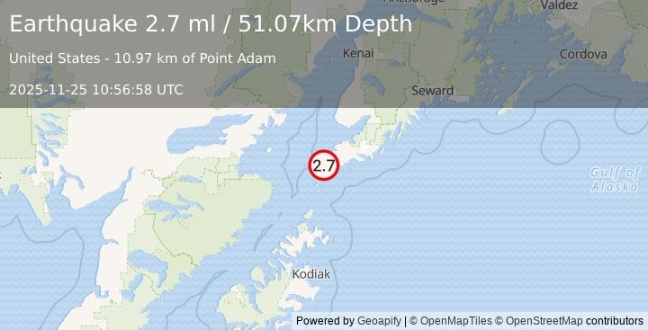Earthquake 22 km SSW of Nanwalek, Alaska (2.7 ml) (2025-11-25 10:56:58 UTC)