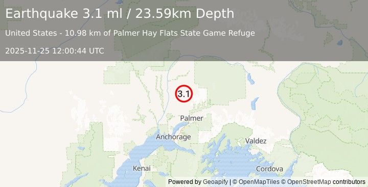 Earthquake 19 km ESE of Susitna North, Alaska (3.0 ml) (2025-11-25 12:00:43 UTC)
