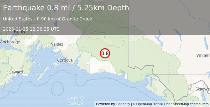 Earthquake 72 km S of McCarthy, Alaska (0.8 ml) (2025-11-25 12:36:35 UTC)