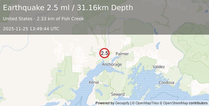 Earthquake 10 km NNE of Susitna, Alaska (2.6 ml) (2025-11-25 13:49:45 UTC)