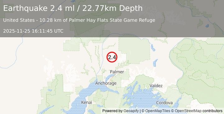 Earthquake 21 km ESE of Susitna North, Alaska (2.4 ml) (2025-11-25 16:11:45 UTC)