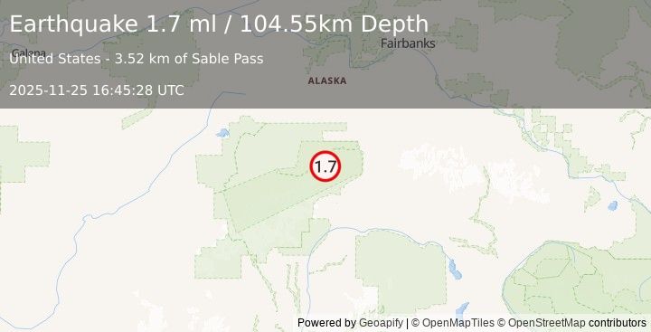Earthquake 41 km WNW of Cantwell, Alaska (1.7 ml) (2025-11-25 16:45:28 UTC)