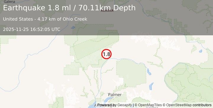 Earthquake 57 km SW of Cantwell, Alaska (1.8 ml) (2025-11-25 16:52:05 UTC)