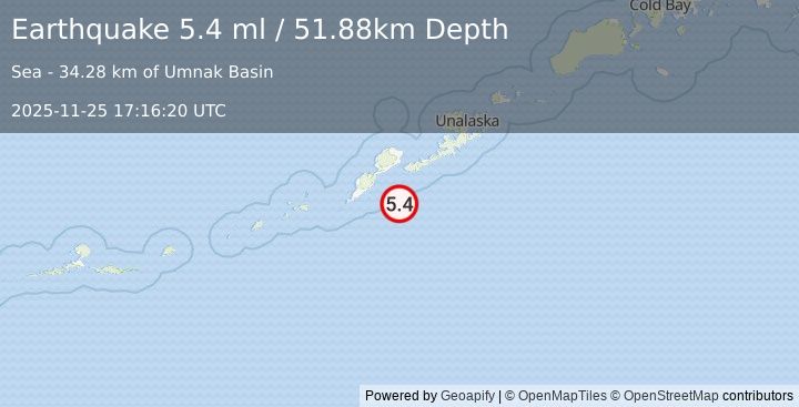 Earthquake 66 km E of Nikolski, Alaska (5.4 ml) (2025-11-25 17:16:20 UTC)