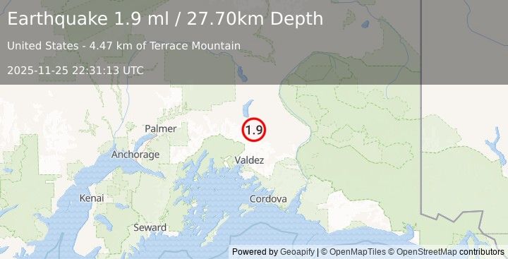 Earthquake 50 km N of Valdez, Alaska (2.0 ml) (2025-11-25 22:31:12 UTC)