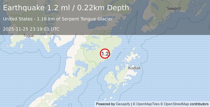 Earthquake 88 km N of Karluk, Alaska (1.2 ml) (2025-11-25 23:19:01 UTC)