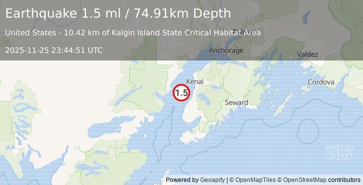 Earthquake 26 km WNW of Clam Gulch, Alaska (1.5 ml) (2025-11-25 23:44:51 UTC)