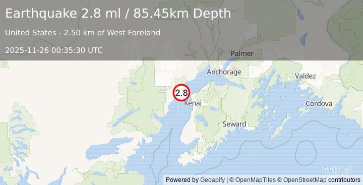 Earthquake 26 km WNW of Nikiski, Alaska (2.8 ml) (2025-11-26 00:35:30 UTC)