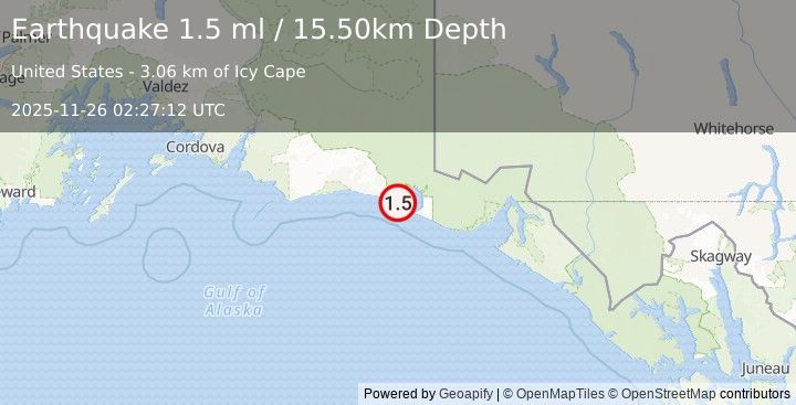 Earthquake 122 km WNW of Yakutat, Alaska (1.5 ml) (2025-11-26 02:27:12 UTC)
