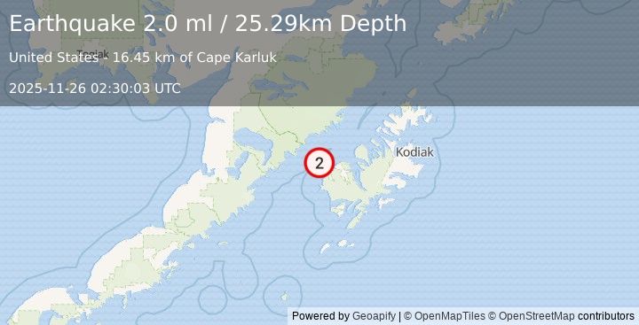 Earthquake 20 km WNW of Karluk, Alaska (2.0 ml) (2025-11-26 02:30:03 UTC)